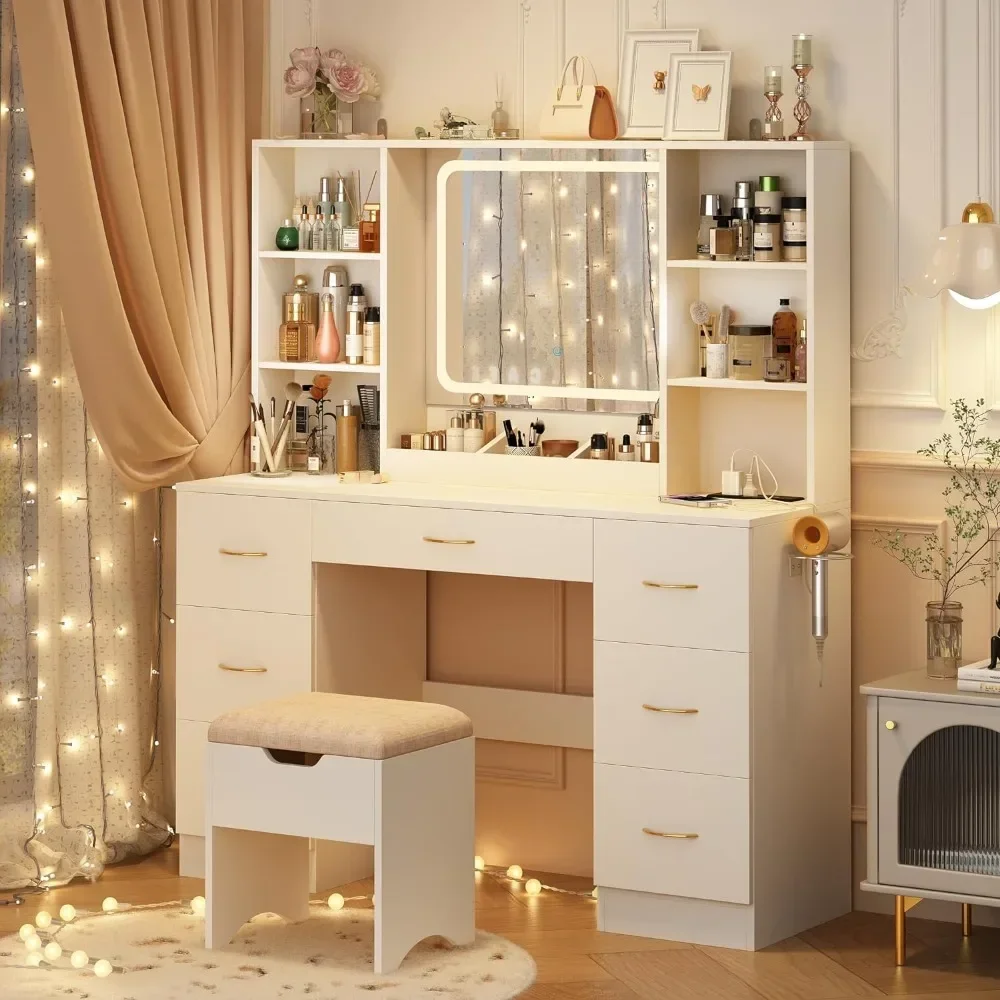 47 Large Vanity Desk with Mirror and Lights, LED White Vanity Set with Stool and Power Outlet, Lighted Make up Vanity Desk