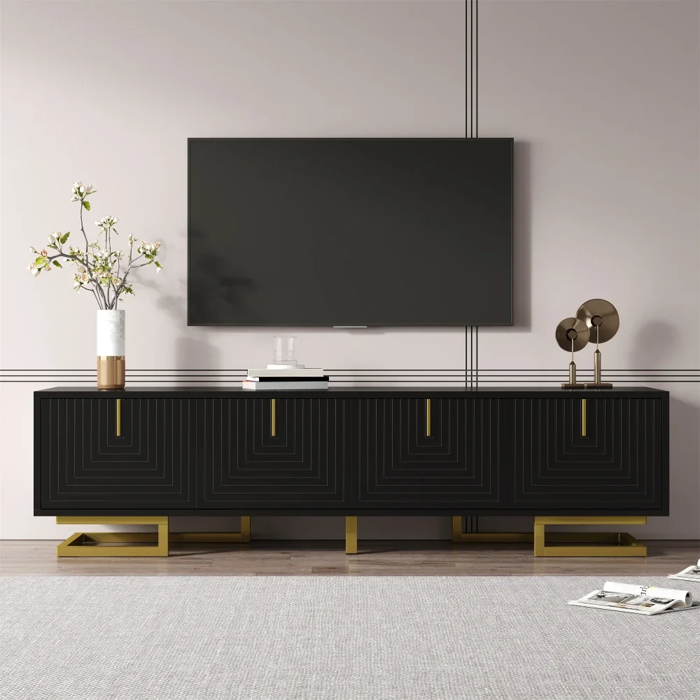 Moderner TV-Schrank mit strukturierten Türen – goldene Griffe und Beine, stilvolle TV-Möbel, bietet praktische Medienaufbewahrung – Detail 34