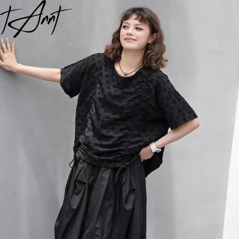 

Tannt Women T-shirt Drawtherope Irregular Casual T-shirt Tops Black White Loose Fashion Summer T Shirt For Women 2024 New