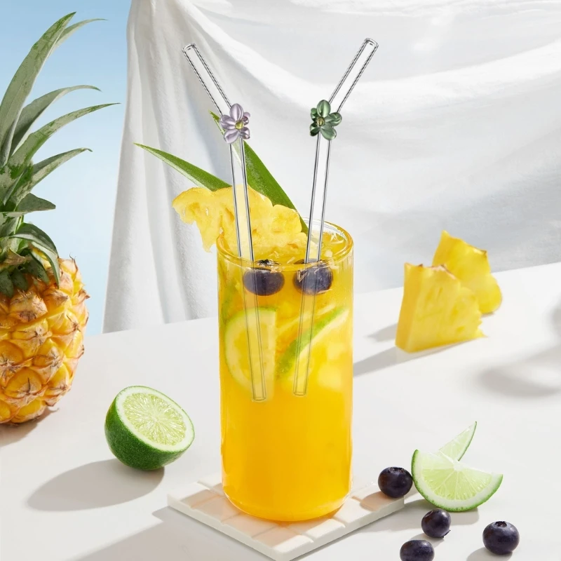 8PCS Colored flowers Drink Straws Reusable with Brush Drinking Straws Suitable for Beverage Coffee and Cocktails Drinking