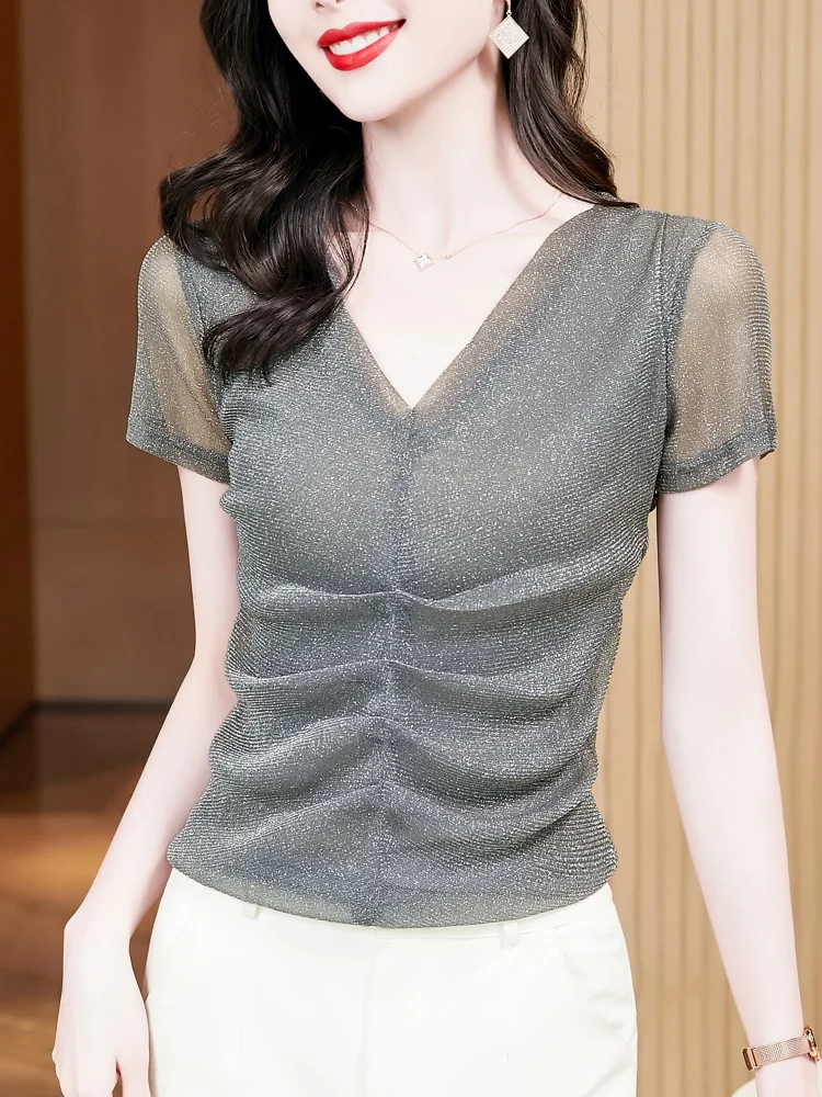 

Women's Mesh T-Shirt Long Sleeve Summer Pleated Top Solid Color Tees Female Shinning Light Fabric Clothing Size M-3XL