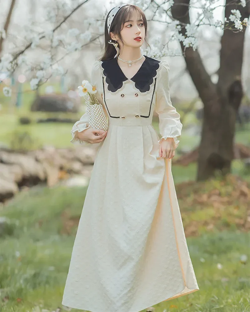 

Autumn Vintage Victorian Style Woman Dress Retro French Design Beading Peter Pan Collar Romantic Lady Midi Dresses Vestido