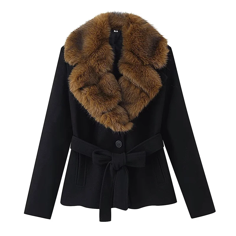 Elegant Faux Fur Woolen Coat Women Shawl Collar Belted Long Sleeve Jacket Coats Female Autumn Winter Fashion Lady New Outerwears