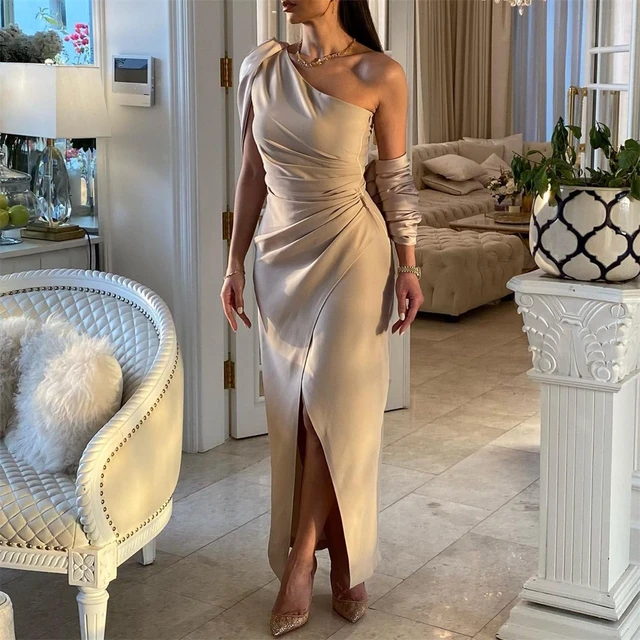 Elegant One Shoulder Prom Dress Slit Sheath Celebrity Dresses Ruched Jersey  Formal Evening Gowns Saudi Arabia Women's - AliExpress