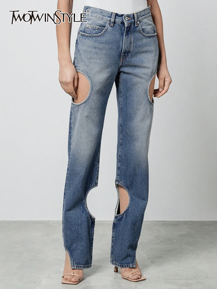 TWOTWINSTYLE Solid Streetwear Hollow Out Denim Pant For Women High Waist Patchwork Zipper Designer Wide Leg Pants Female Style