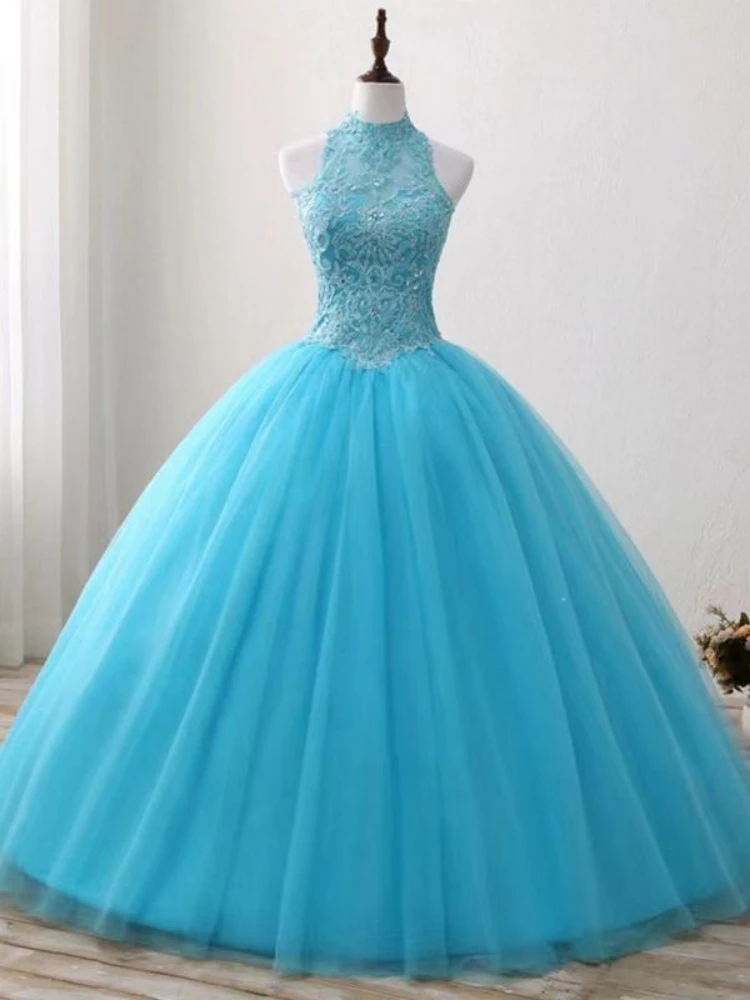 

Ashely Alsa Elegant Hunter Quinceanera Dresses Sweet 16 High Neck Lace Applique Ball Skirt Vestido De 15 14 Anos Party Prom Gown