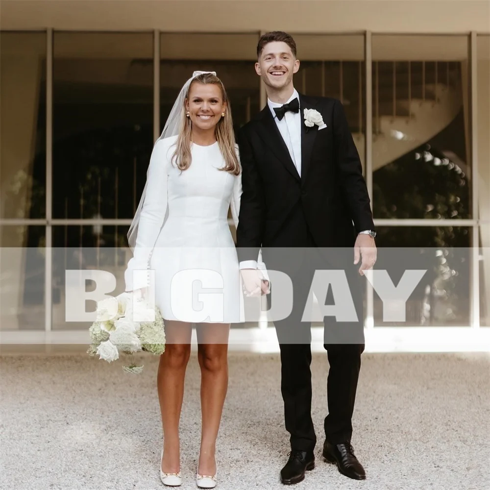 Vestido De novia corto De manga larga, prenda elegante De satén con botones y cremallera en la espalda, por encima De la rodilla, 2024