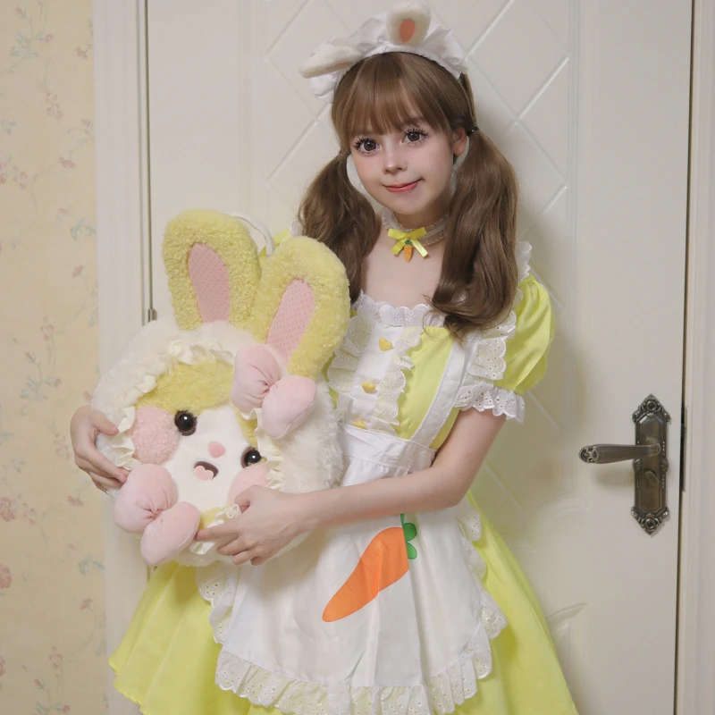 New Cosplay Yellow Color Maid Dress with Apron Coffee Servant Dress Up Square Neck Anime Lolita Cosplay Costume Women Uniform