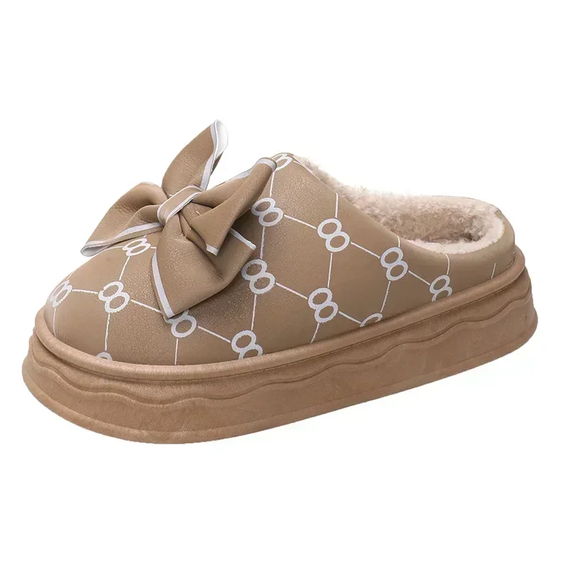 Korean Warm Plush Bowknot Slippers for Women's Winter New Indoor Cute Anti-skid Thick Sole Cotton Slippers Home Cotton Shoes88
