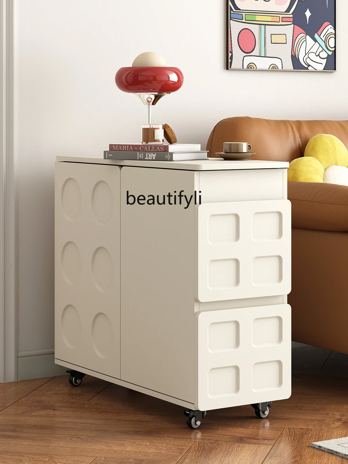 

Cream Style Movable Side Cabinet Living Room Sofa Side Cabinet Side Cabinet Desktop Rotatable Table