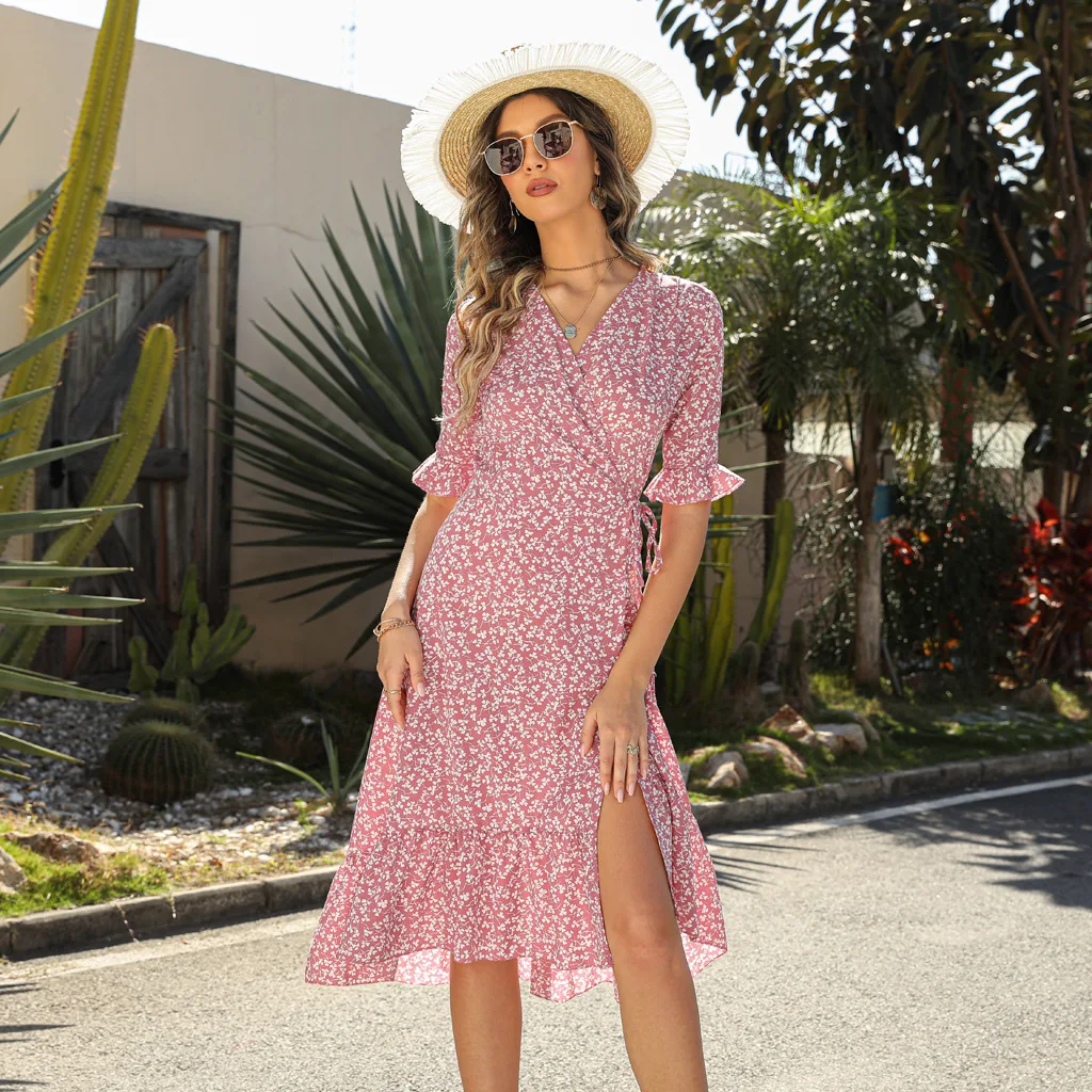 

Falbala Print Chic French Long Dress Women Party Summer Vintage Casual Female Dresses Sexy V-neck Boho Beach Sundress Clothing
