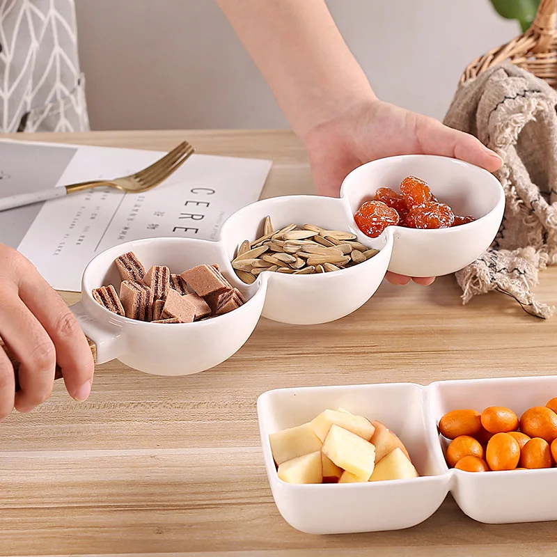 Ins New Nordic Creative Home Ceramic Bowl with Wooden Handle Divided Snack Plate Dried Fruit Plate Candy Placement Plate