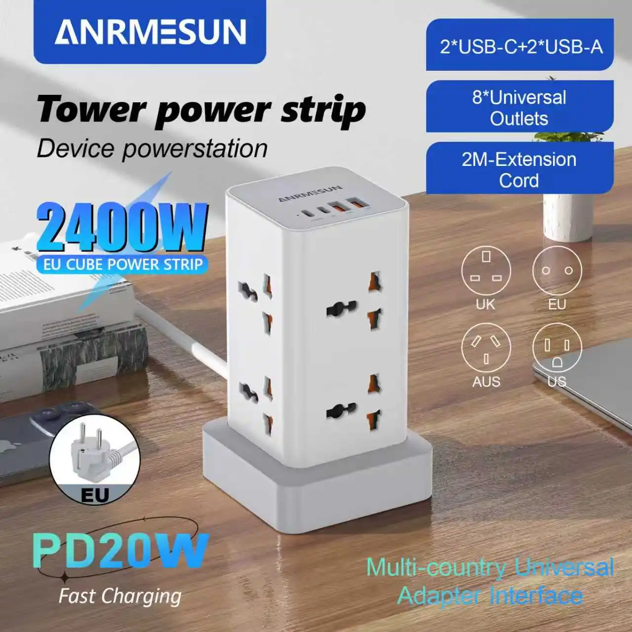 ปลั๊กพ่วงแบบหลายช่องเสียบพร้อมพอร์ต PD 20W Type C สายยาว 2 เมตร ปลั๊กแบบ EU UK US ป้องกันไฟกระชาก เหมาะสำหรับการเดินทาง 1