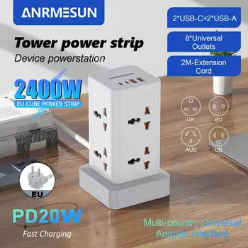 ปลั๊กพ่วงแบบหลายช่องเสียบพร้อมพอร์ต PD 20W Type C สายยาว 2 เมตร ปลั๊กแบบ EU UK US ป้องกันไฟกระชาก เหมาะสำหรับการเดินทาง 1