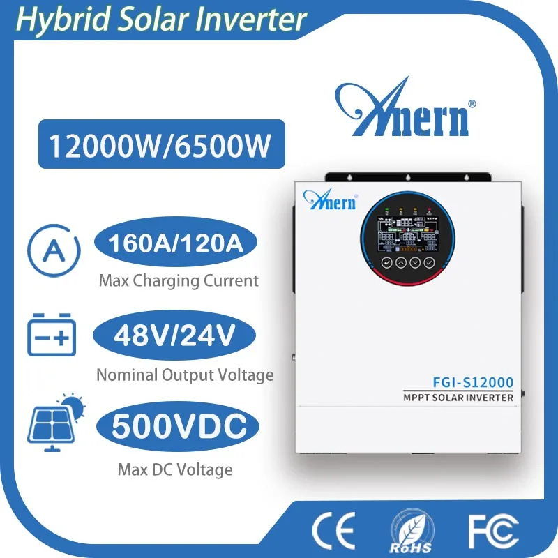 아네른 12KW 6.5KW 5KW 고주파 하이브리드 태양광 인버터 160A 48V 태양광 배터리 충전 듀얼 AC 출력 순수 사인파 인버터