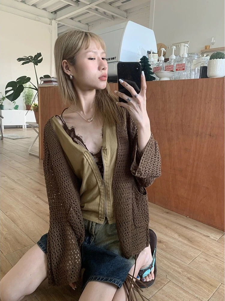 여성용 하라주쿠 니트 가디건, 빈티지 할로우 아웃, 오버사이즈 스웨터, 한국 패션, 루즈 캐주얼, 긴팔, 얇은 상의