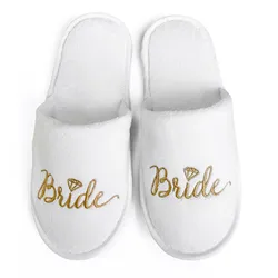 Luxurious Bridal Party Slippers with Elegant Golden & Pink Embroidery, Lightweight Plush Cozy Flats with Non - Slip Soft Sole - ONE SIZE (Bride Diamond Gold)