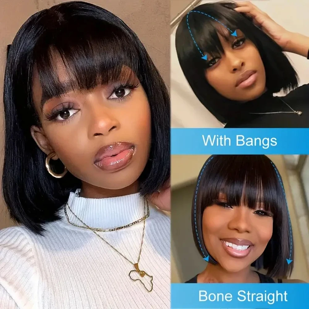 Short Bob Human Hair Wigs With Bang 13x4 Straight Transparent Lace Front Wig Geeta 4x4 Pre Plucked Lace Closure Wigs For Women