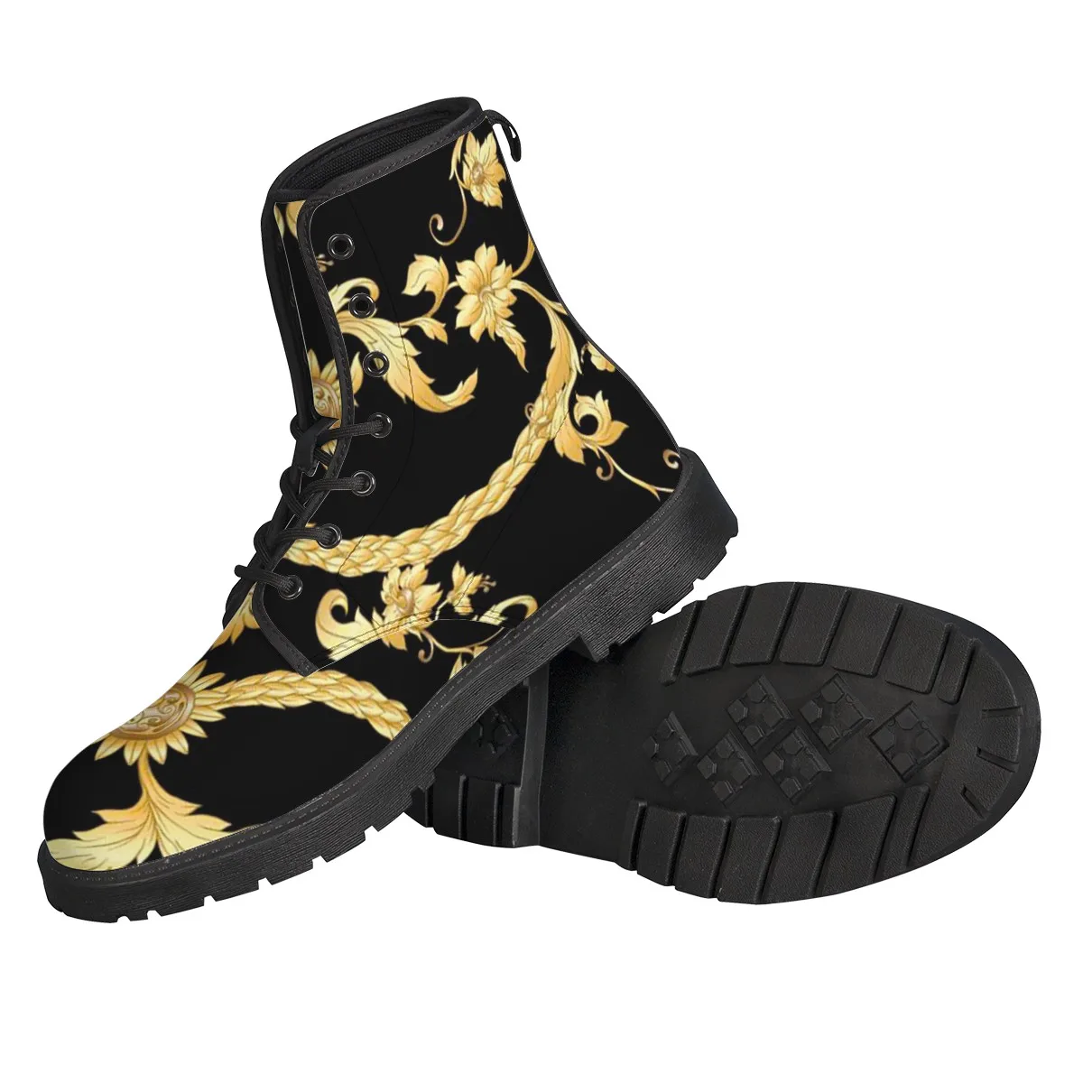 Women's Boots Black Golden Pattern PU Leather New Autumn Winter Fashion Women's Ankle Boots Retro Martin Boots