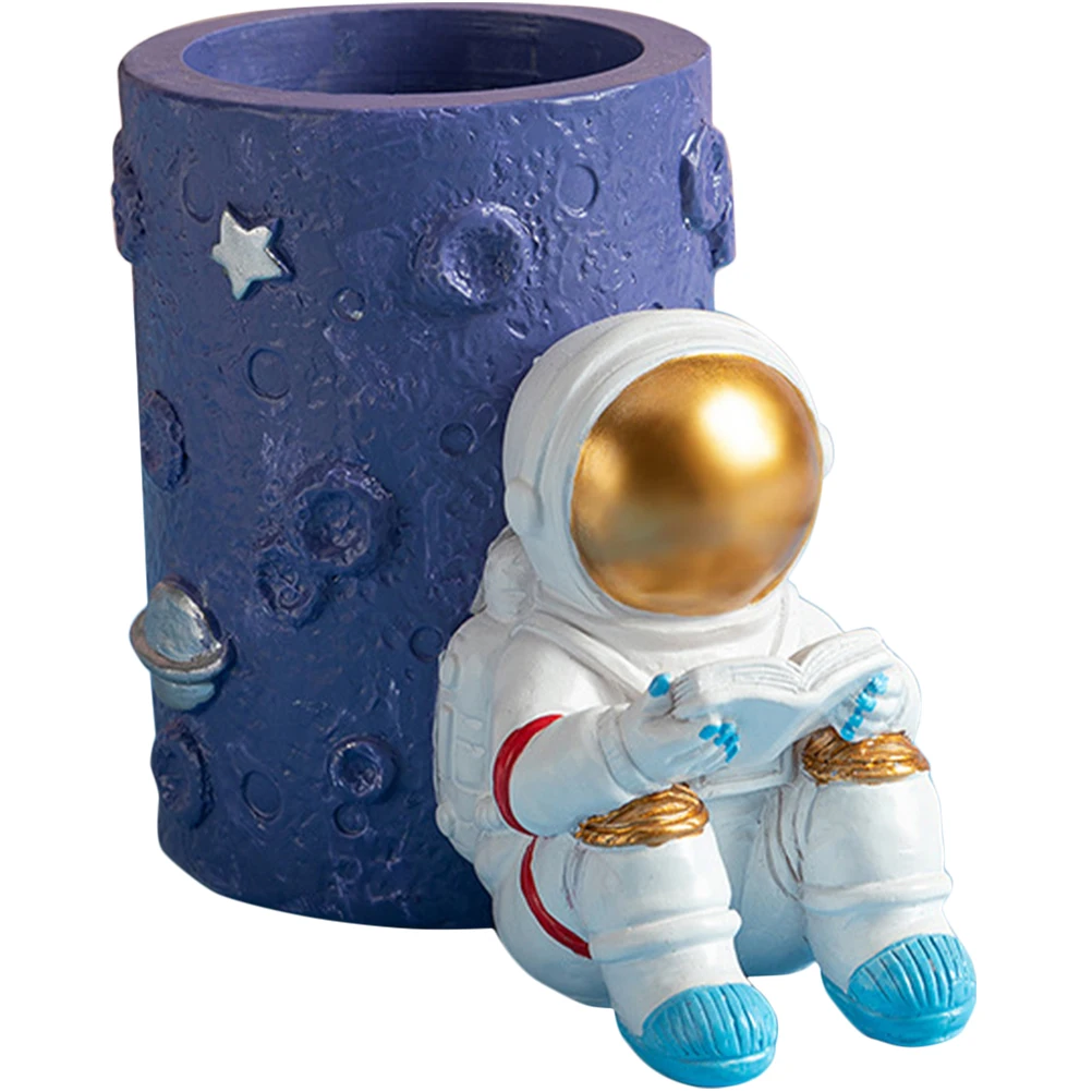 Astronaut Pen Holder Round Pen Holder Spaceman Figurine Statues Ornament Storage Pencil Holder Makeup Brush Holder Desk Decor 2