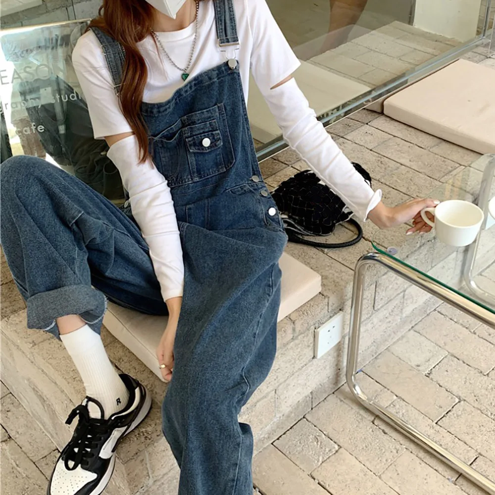

Fashion Overalls Women Strap Denim Pants 2022 New High Waist Wide Leg Pants Suspender Trousers Casual Loose Female Jeans