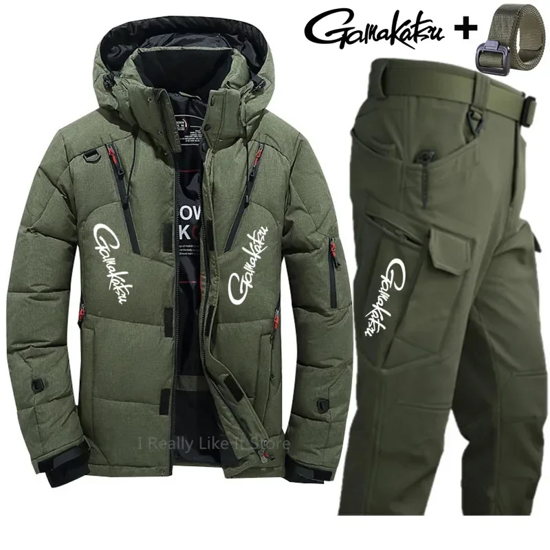 Thicken Down Jacket with Collar for Men, Warm Parka, Waterproof Fishing Suits Winter Fishing Set