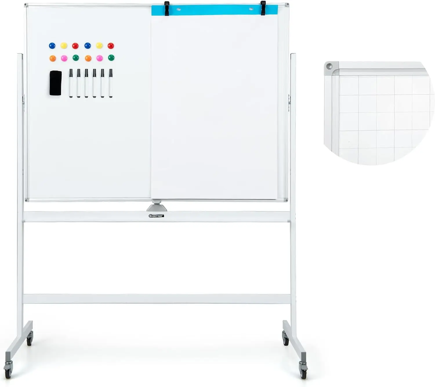 Double Sided Mobile Whiteboard, 120 x 90 cm, Dry Erase Magnetic Whiteboard with Grid Pattern, Wheels, Stand and Pen Tray