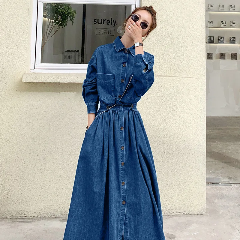 

2024 Dongdaemun Fashion Denim Dress for Young Women Lady Spring Autumn Blue Jeans Waisted Maxi Dresses Female Trendy Streetwear