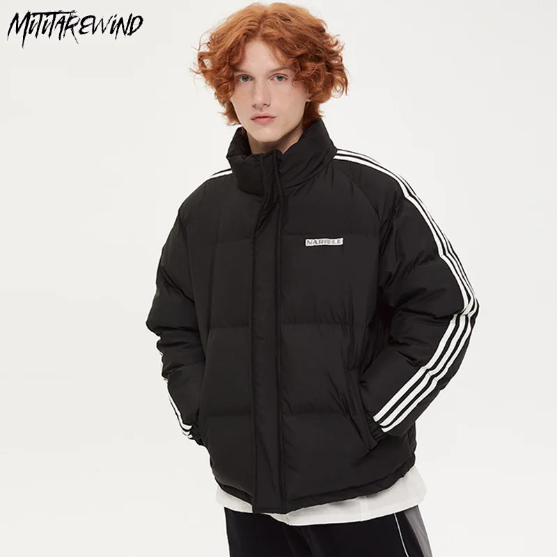 

Autumn Winter Parkas Jacket Men Casual Loose Thick Warm Stand Collar Striped Bread Coat Men Korean Fashion Couple Outerwear