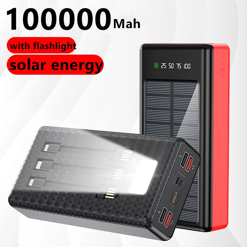  Solar 100000mAh Power Bank in 3 Cable powerbank Waterproof Battery External Portable Charging powerbank  For Xiaomi iPhone 14pro 