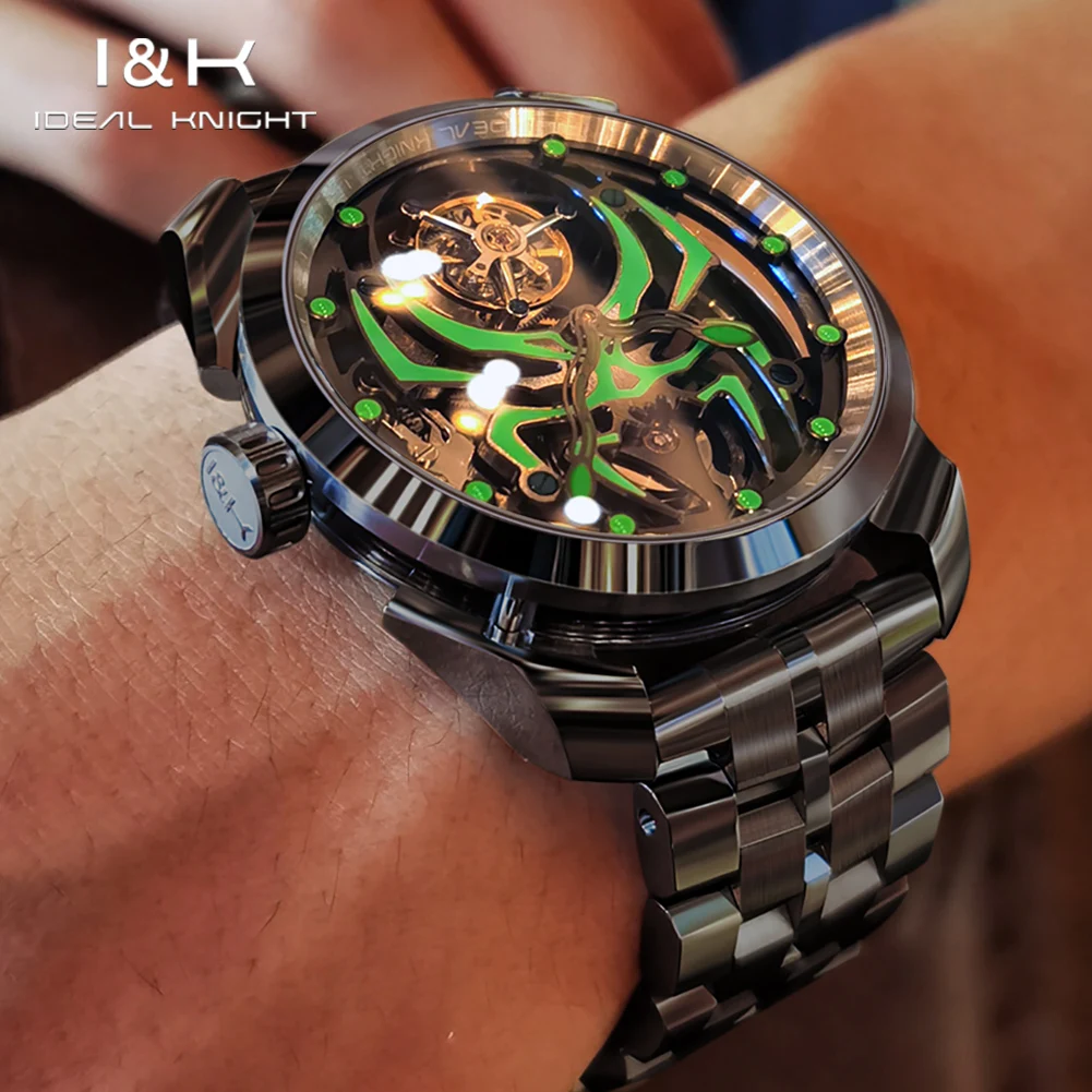IDEAL KNIGHT 6802 Real Tourbillon Watch for Men Luminous Spider Hollow Flywheel High-end Luxury Brand Mechanical Wristwatch Man