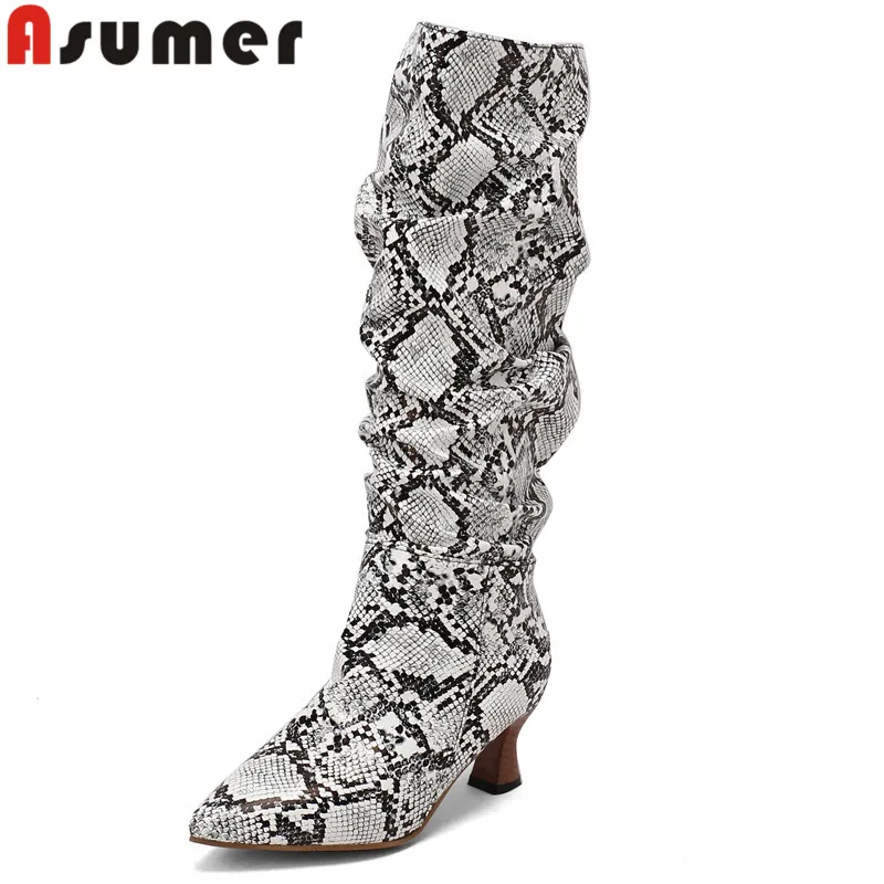 

ASUMER 2024 Size 34-48 New Slip On Pu Knee High Boots Thick High Heels Party Shoes Cool Ladies Animal Prints Winter Boots