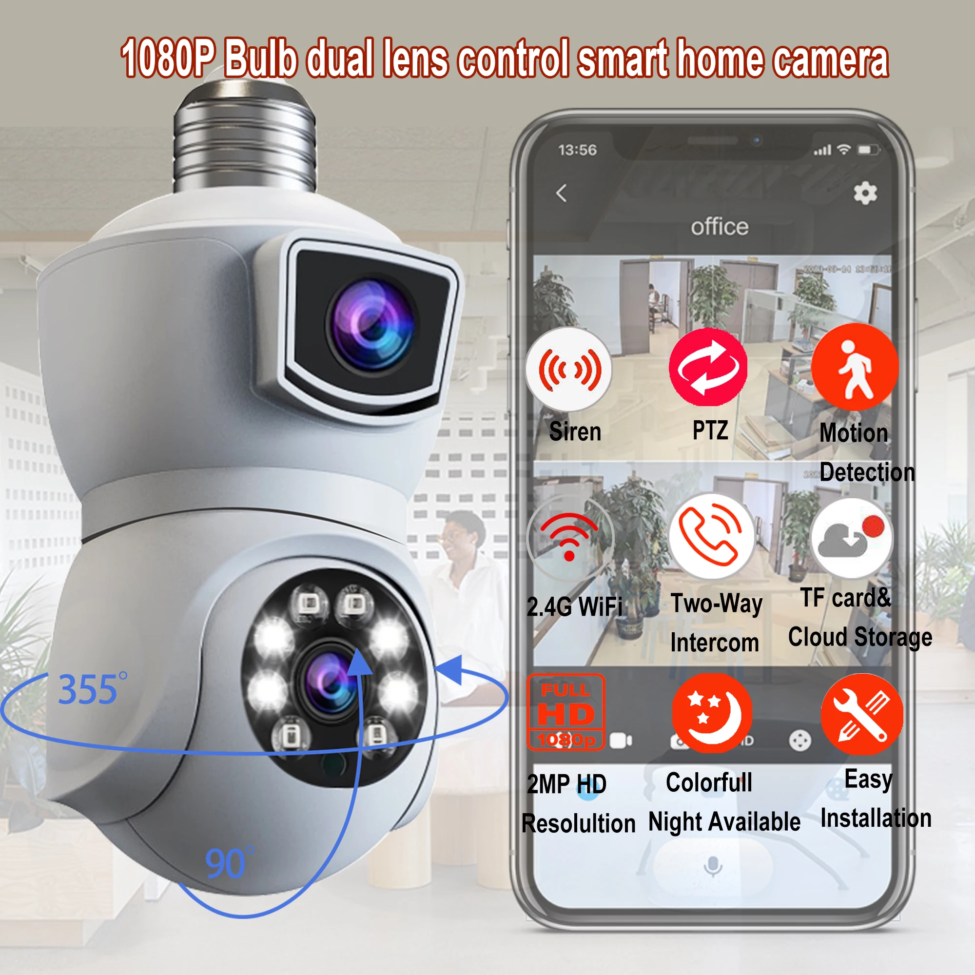 Light Bulb Security Camera Dual Lens 360&deg; Wi-Fi Home Security Cameras Wireless Outdoor/Indoor Color Night Vision 4MP