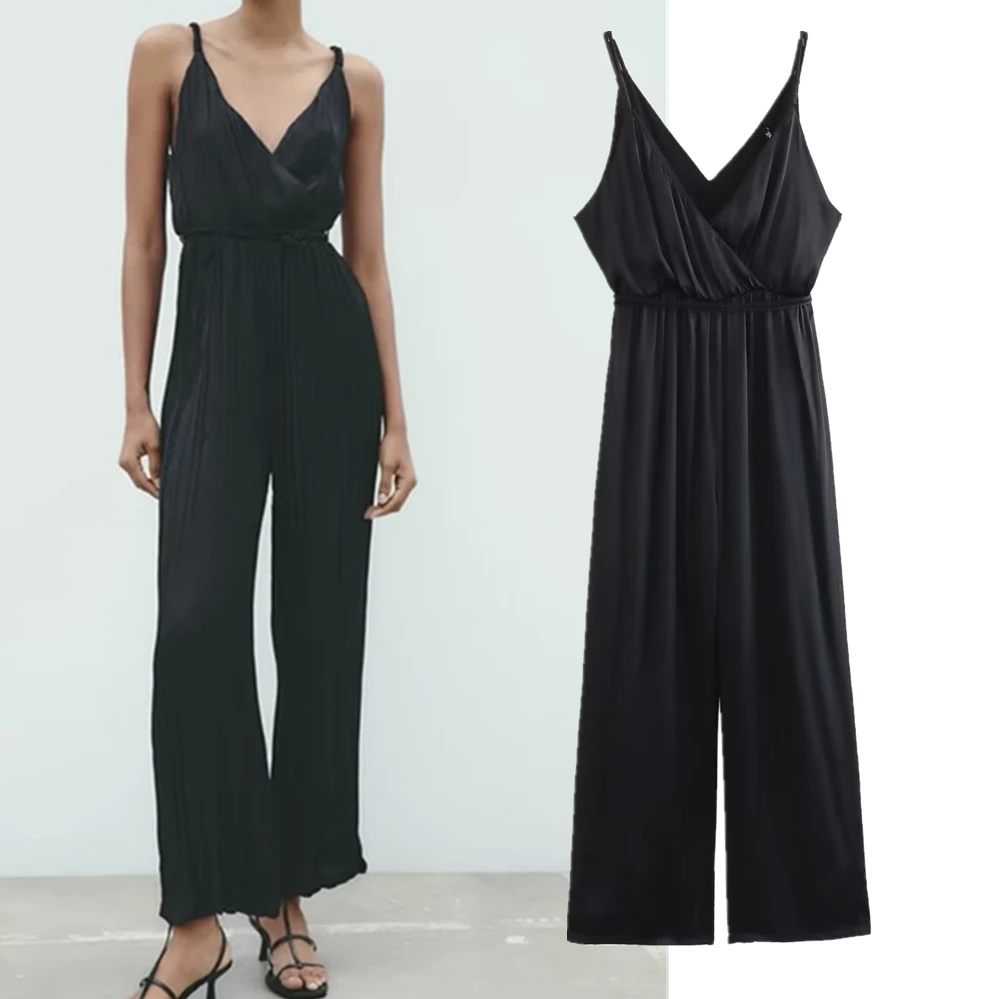 Dave&Di French Ladies Elegant Satin Fashion Black Color Pleated Suspenders Jumpsuit Women Casual Overalls tossy fashion hollow out rompers straight legg high waist sexy patchwork slim streetwear pleated summer ladies glitter jumpsuit