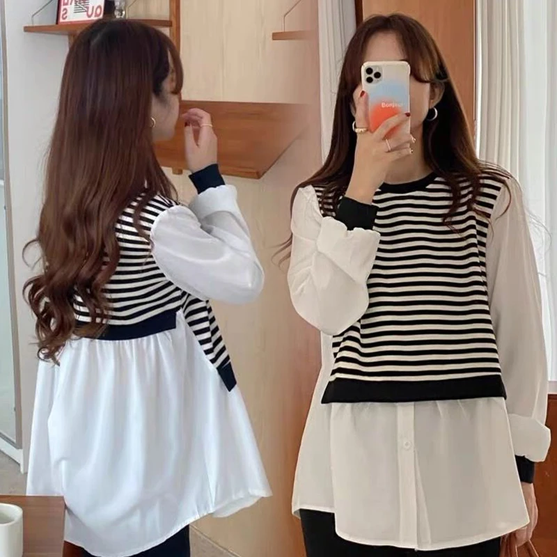 

818# 2022 Spring Korean Fashion Patchwork Maternity Blouse Chic Ins Sweet Loose Shirt Clothes for Pregnant Women Pregnancy Tops