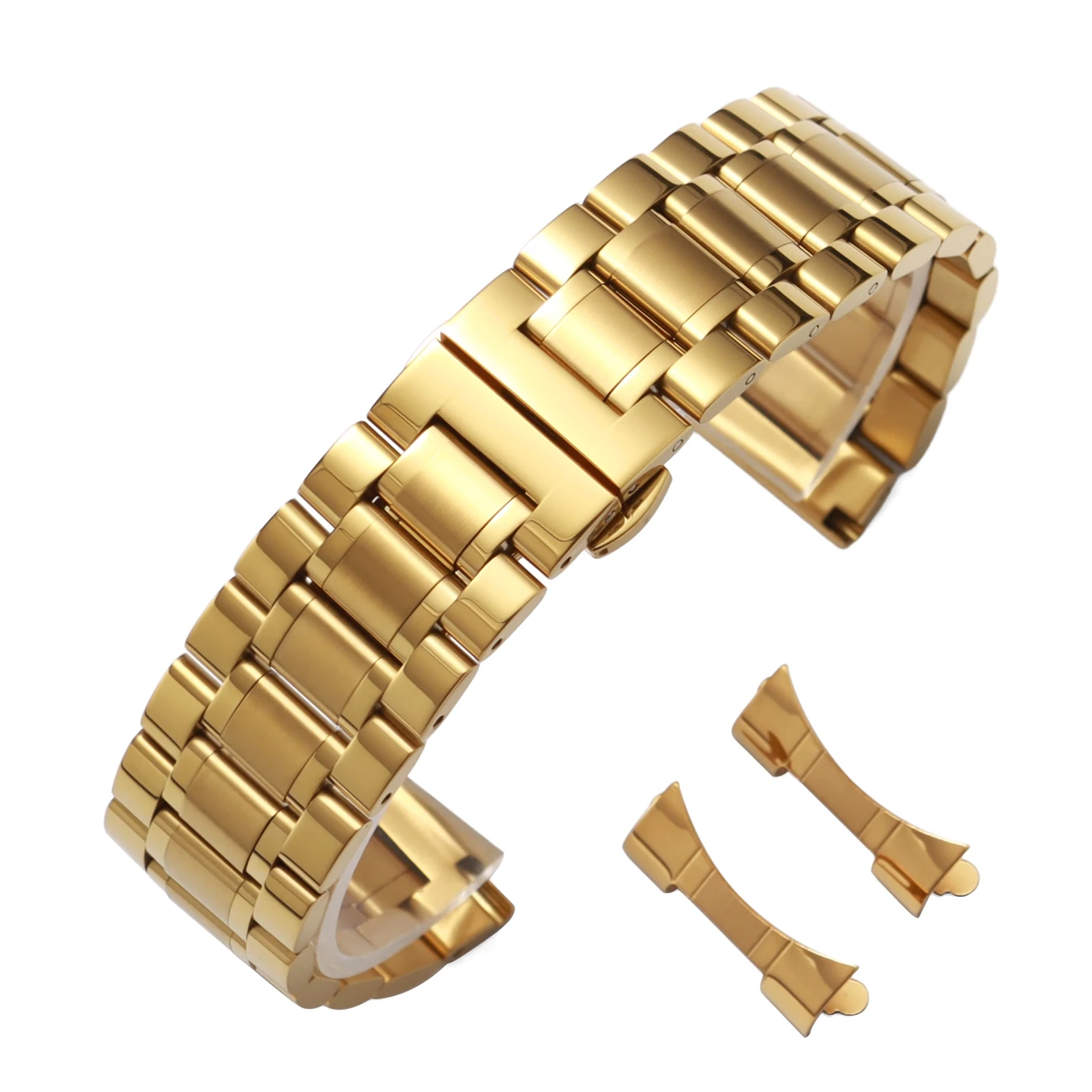 Elegant Stainless Steel Watch Strap with Curved End and Butterfly Clasp