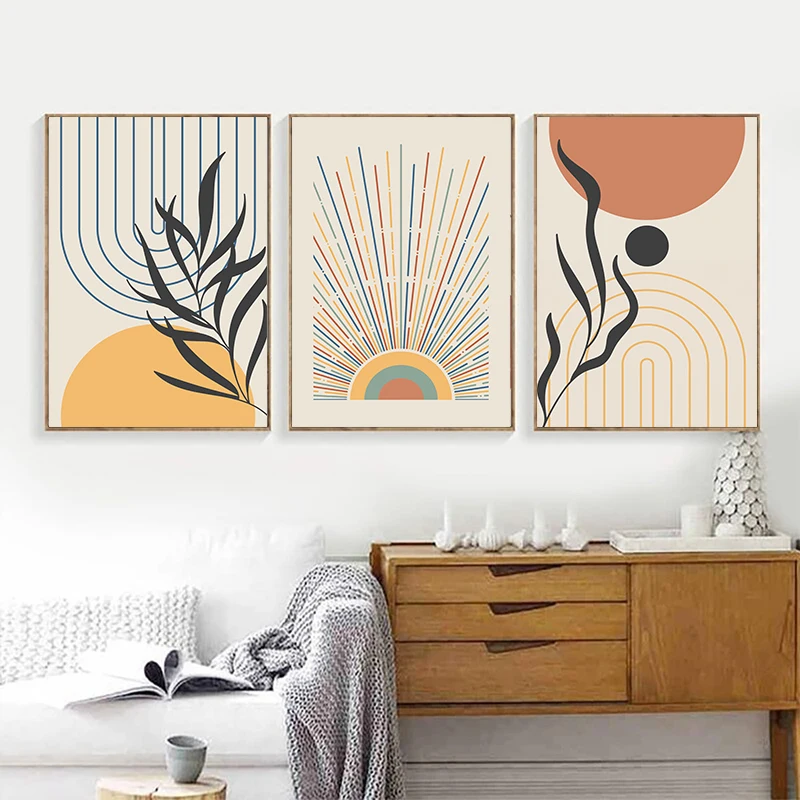 Pechpell 4 Decorazioni Da Parete Bohémien - Set Quadri Metallici Con Motivi Sole E Geometrici - Arancione - 25x25 Cm Per Soggiorno E Camera - 3