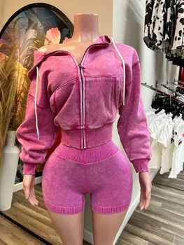 Lady Thick Hooded Sports Shorts Outfits Sexy Women Two Pieces Gym Tracksuit  Set Elegant Club Matching Set 1