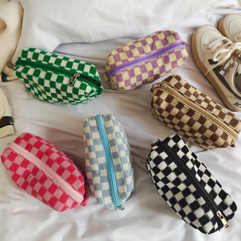 Pencil Cases For Girls Trousse Scolaire Pencil Pouch Korean Stationery  Checkerboard Pen Case Knitting Estuche Escolar