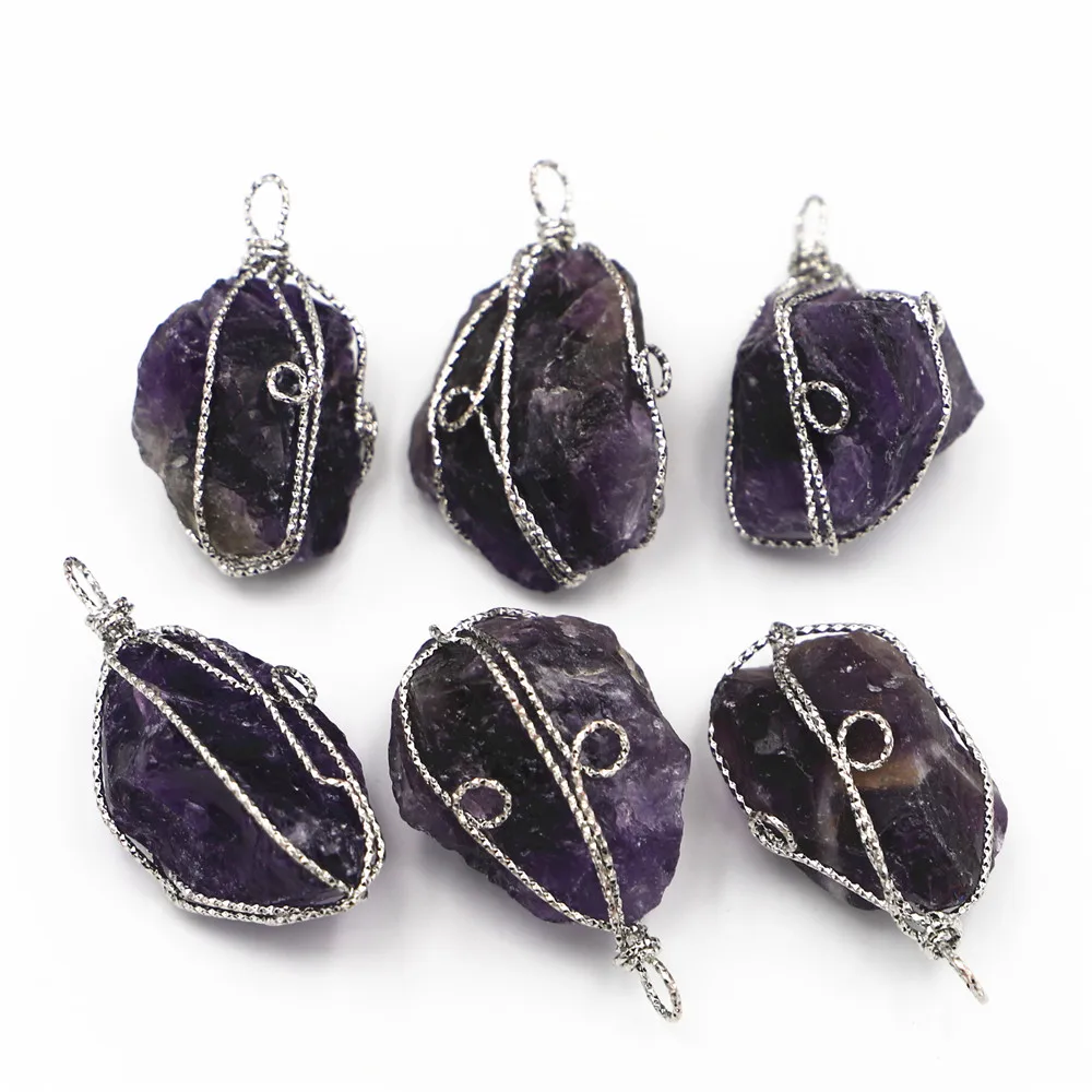 New Natural Stone Raw Ore Wire Wrapped Irregular Amethysts Pendants Chakras Reiki  for Women Jewelry Making 6Pcs/Lots Wholesale