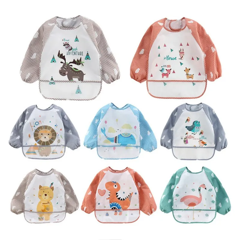 Cute Cartoon Baby Bibs Waterproof Colorful Infant Bib Full Sleeve Gown Children Long Sleeve Apron Coverall Feeding Drawing Bibs baby accessories box