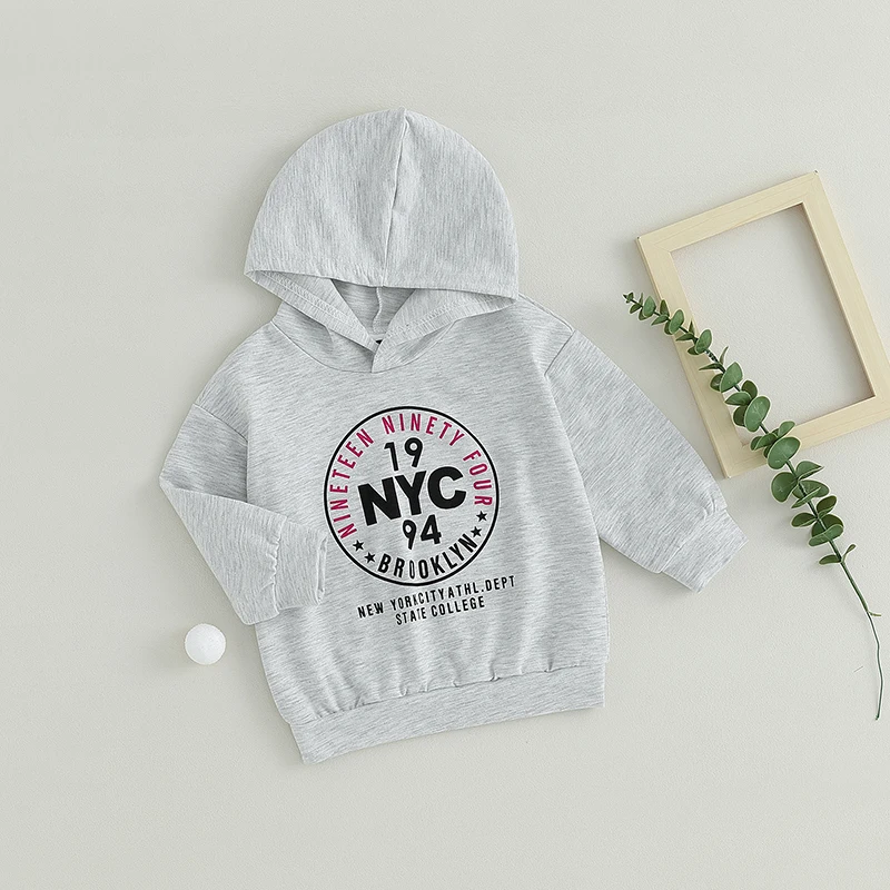 

Toddle Baby Girl Hooded Sweatshirt Little Boy Gray Letter Pattern Long Sleeve Sweater Fall Casual Clothes