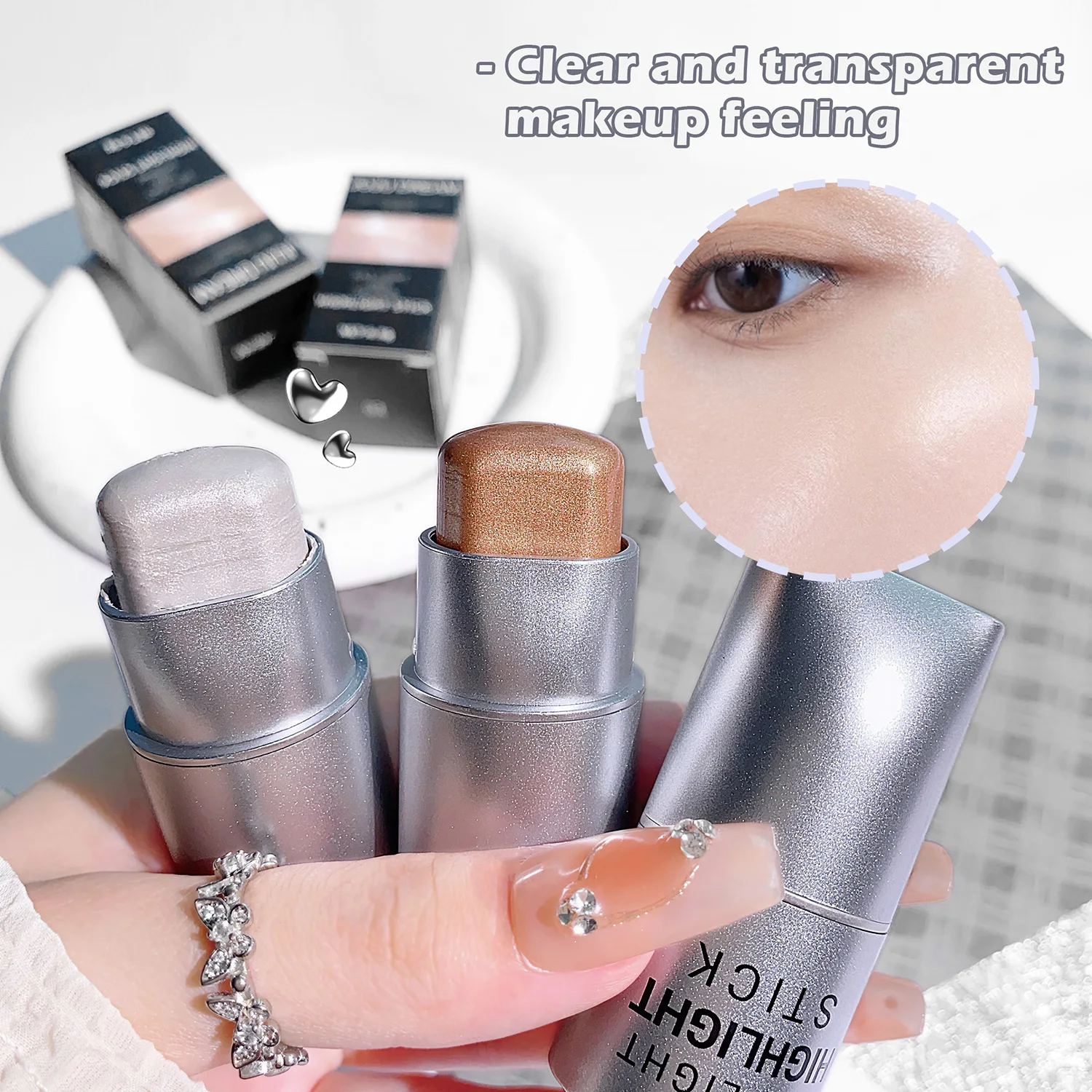 Clear highlighter stick, pearlescent fine shimmer, facial watery
