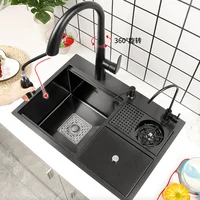 Black Nano Washer Kitchen Sink Stainless Steel Multi-Function with Trash Can Hidden Single-Slot Bar with Cover Plate Wash Basin 2