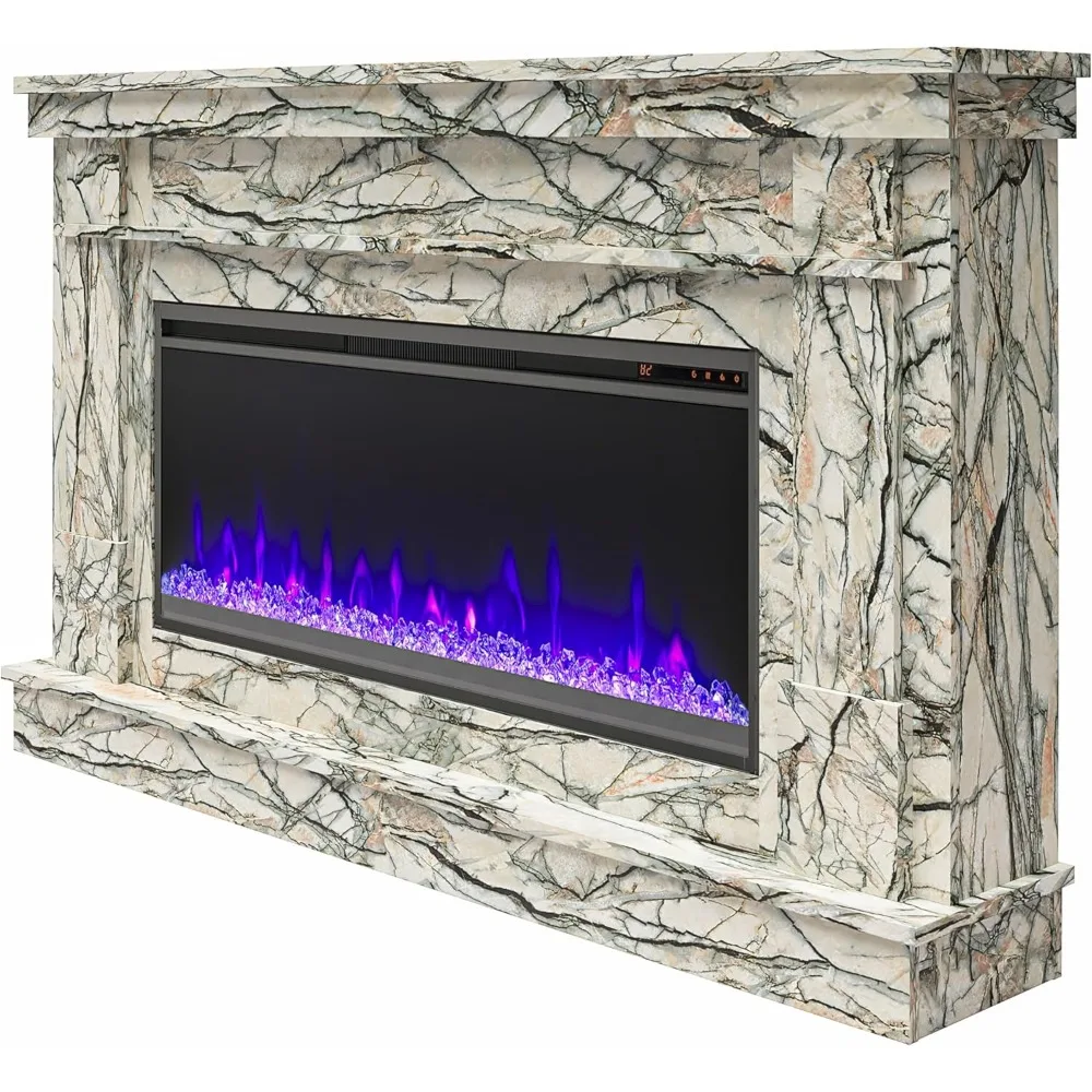 Waverly Wide Mantel with Linear Electric Fireplace & Crystal Ember Bed, Onyx Marble 6