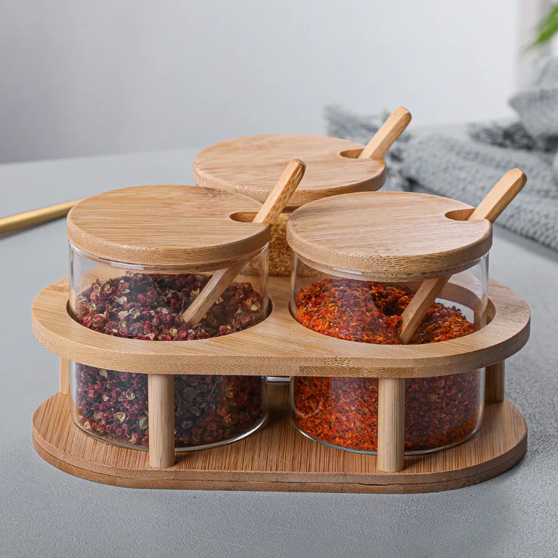 Glass Seasoning Jar Salt Shaker 3 Piece Set with Bamboo Spoon Cover Kitchen Supplies Wooden Tray
