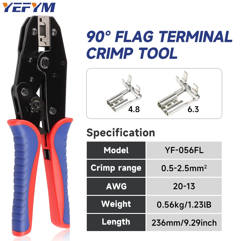 4.8/6.3 Flag Type Plug Terminals Ratchet Crimping Tool YF-056FL Pliers Crimp L Type Spade Connector 0.5-2.5mm²(20-13AWG)