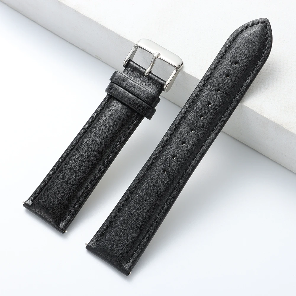 Premium Calfskin Leather Watch Band with Stainless Steel Buckle