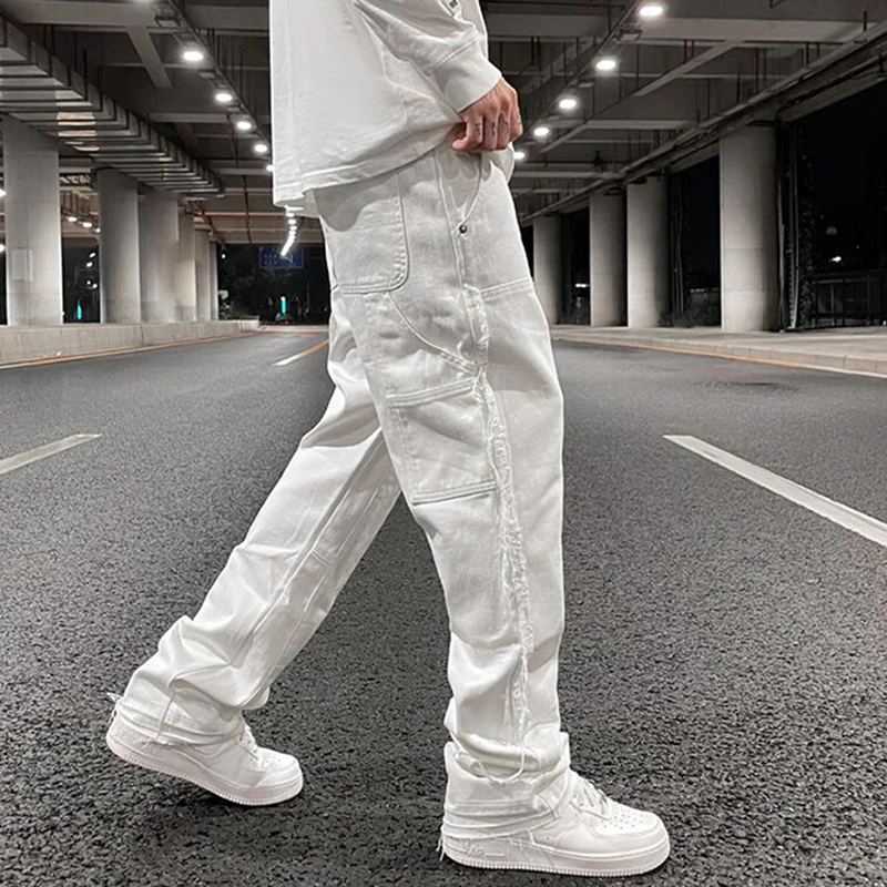 Streetwear Denim Hip Hop White Ripped Casual Mens Pants Both Side Tassel Wide Leg Trousers Oversized 2022