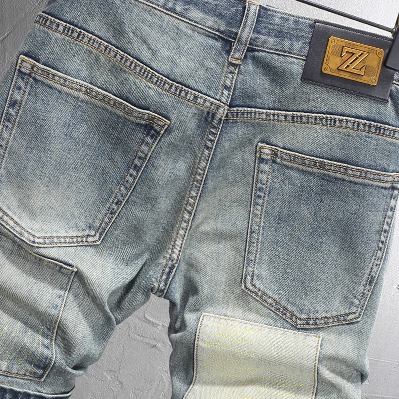 Newly Fashion Designer Men Jeans Summer Casual Retro Blue Stretch Slim Fit Ripped Short Jeans Patched Hip Hop Denim Shorts Men